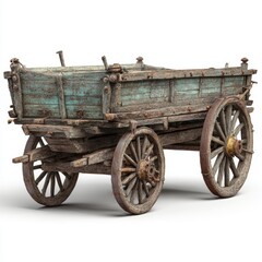Obraz premium An old wooden cart, weathered by time, stands with its two large wheels, embodying the spirit of a bygone era. 