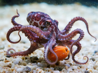 A small octopus is eating an orange in its tank, which has many white and brown tentacles with some black dots on them