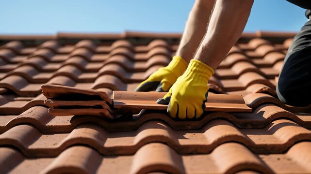 Roofer wearing yellow gloves expertly laying clay roof tiles on a sunny day