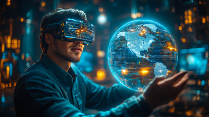 A businessman wearing VR glasses interacts with a holographic globe. The concept of virtual reality, global connectivity, and futuristic business innovation. Generative AI.
