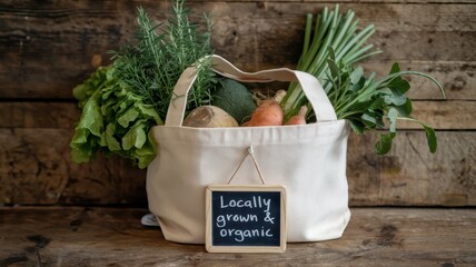 Fresh, locally grown organic produce in a reusable tote bag.