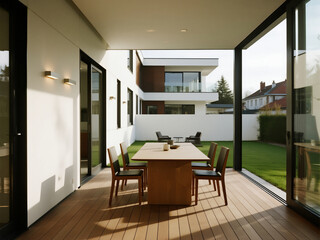 A modern terrace with a wooden floor, a large table, and chairs on the right side overlooking a lawn garden.