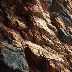 Close-up view of a textured rock face with various colors and rugged patterns