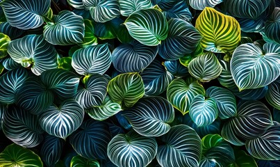 Tropical Leaf Composition Lush Green and White Veined Foliage, Nature Background Tropical Plants, Leaf Texture