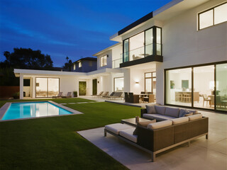 An elegant modern home with large windows, sleek white walls, and dark roof tiles, featuring an outdoor pool area surrounded by lush green grass.