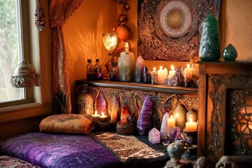 Warm Candlelight and Crystal Altar Composition of Candles, Crystals, and Boho Decor, Spiritual Healing, Wicca Spiritual Altar, Crystal Healing
