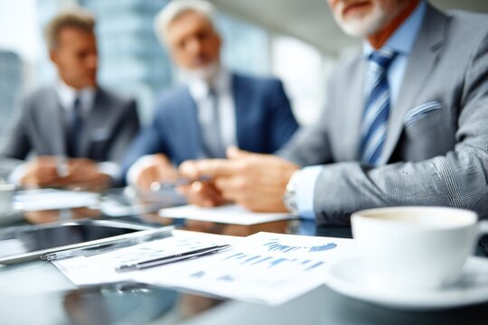 Three executives around conference table analyzing financial documents