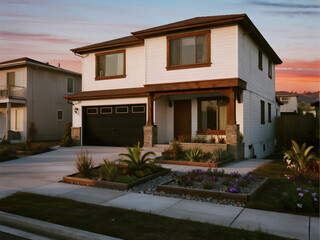 A modern two-story home with white Hardie and brown trim, a black garage door, and a sunset California beach-style landscape with native plants in the front yard