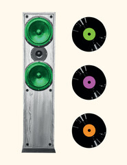 Vintage retro halftone Music speaker, vinyl record. Dotted karaoke collage with audio equipment. Nostalgic grunge disco music element for sing poster, podcast, party. Trendy isolated vector illustrati