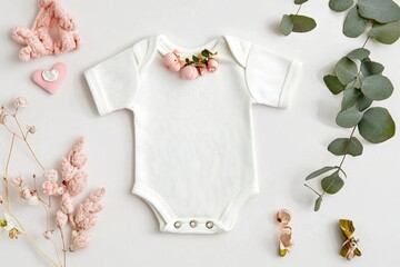 White Baby Bodysuit Flatlay Floral and Eucalyptus Theme, Baby Shower, Mockup, Product Photography Baby, Bodysuit, Mockup