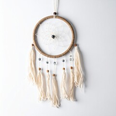 Hanging Dream Catcher with Beige Hoop and White Feathers on Clean White Background