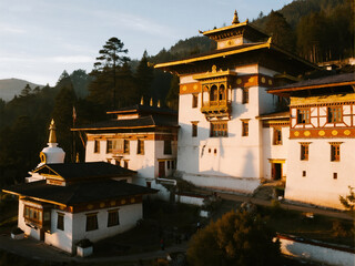 A large white building with gold trim and a gold roof