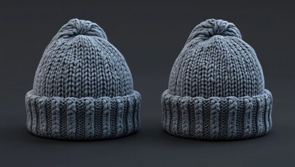 Two identical gray knitted beanies, front view
