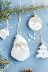 Winter Wonderland Ceramic Ornaments, Flatlay Composition, Blue Background, Santa, Christmas Tree Christmas decorations, holiday decor