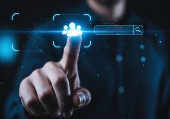 Finger touching a digital interface with people icon and search bar