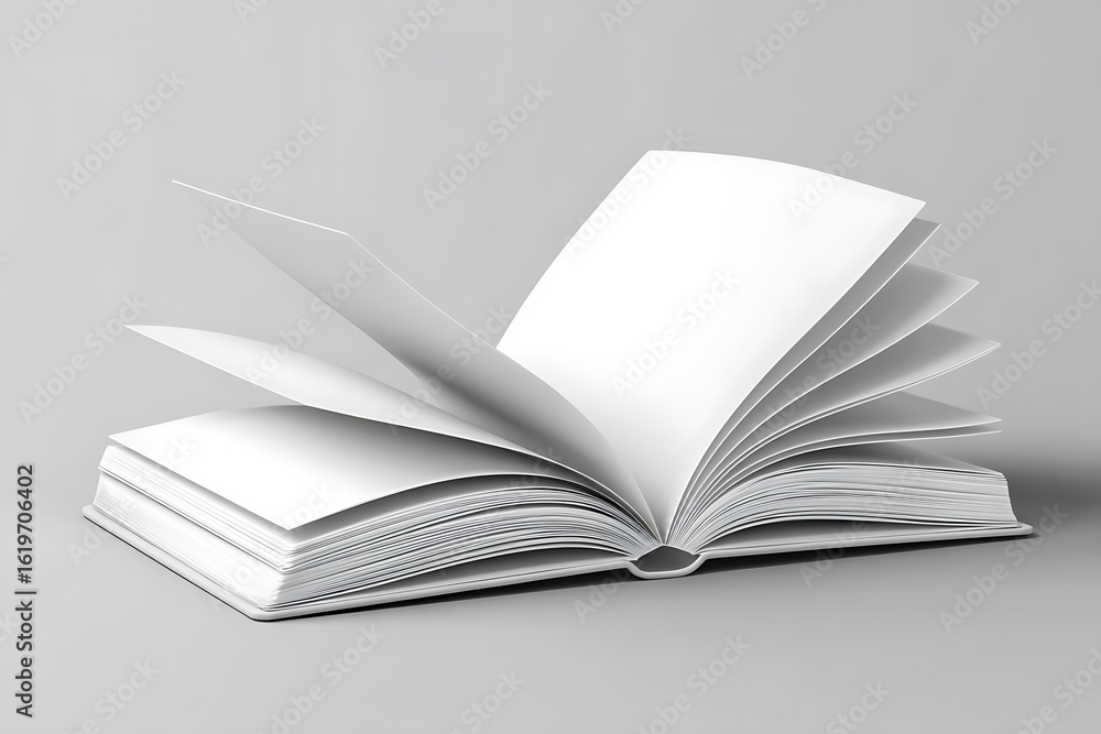 Poster open book with blank white pages displaying several turned pages against a neutral gray background p