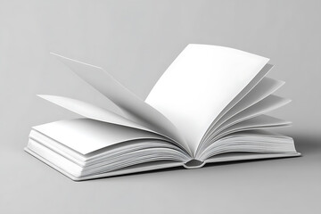 Fototapeta premium Open book with blank white pages displaying several turned pages against a neutral gray background perfect for creative writing or mockup design.