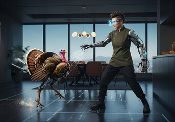 Futuristic Cyberpunk Chef Confronts Mechanical Turkey Thanksgiving Day Dinner Concept