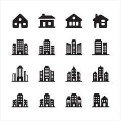Fototapeta premium Minimalist Home and City Building Icon Set – Residential and Urban Silhouettes