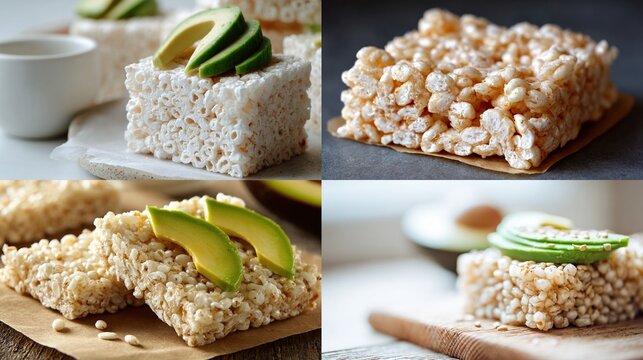 Four square images of rice crispy treats, topped with avocado slices