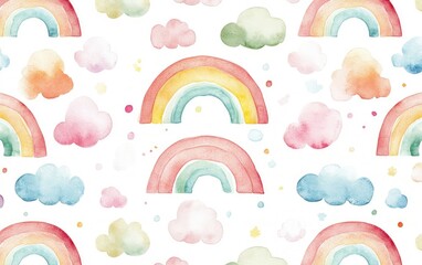 Watercolor rainbow and cloud seamless pattern