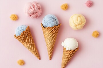 Yarn Ice Cream Cones Pastel Colored Composition, Flatlay Photography, Sweet Treat Concept, Yarn, Ice Cream Yarn, Ice Cream Cones