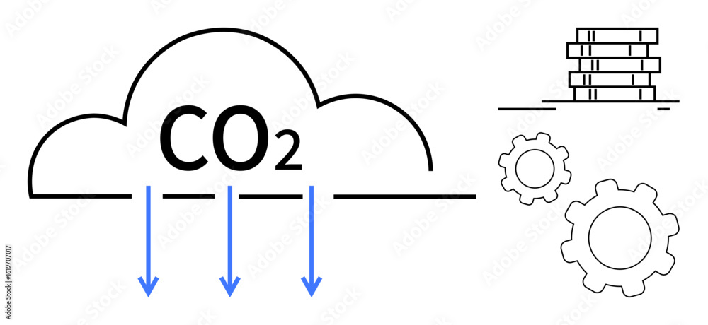 Poster co2 cloud with downward arrows visualizing emission reduction, accompanied by mechanical gears and a