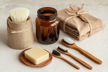 Zero Waste Bathroom Still Life Amber Jar, Bamboo Brushes, Natural Soap, Composition, Beige Towels Zero Waste, Sustainable Living