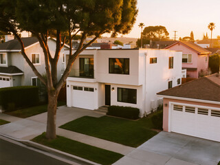 a modern, minimalist white two-story house with black windows and a double garage in the front