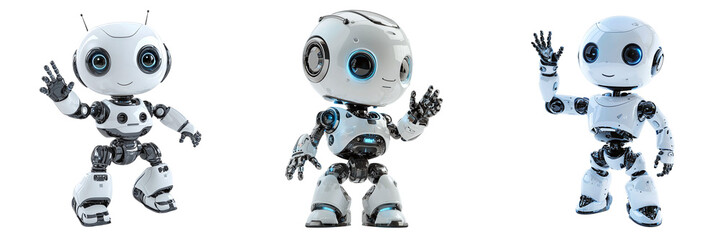 Fototapeta premium Set of cute little modern robots isolated on transparent background PNG