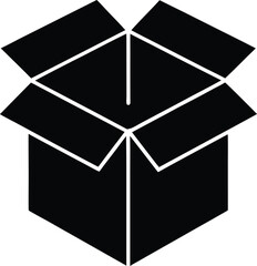 Black open cardboard box icon with white outlines on white background open box shipping box
