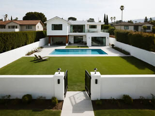 the front view from above of an ultra-modern white house with a pool and a large grassy yard
