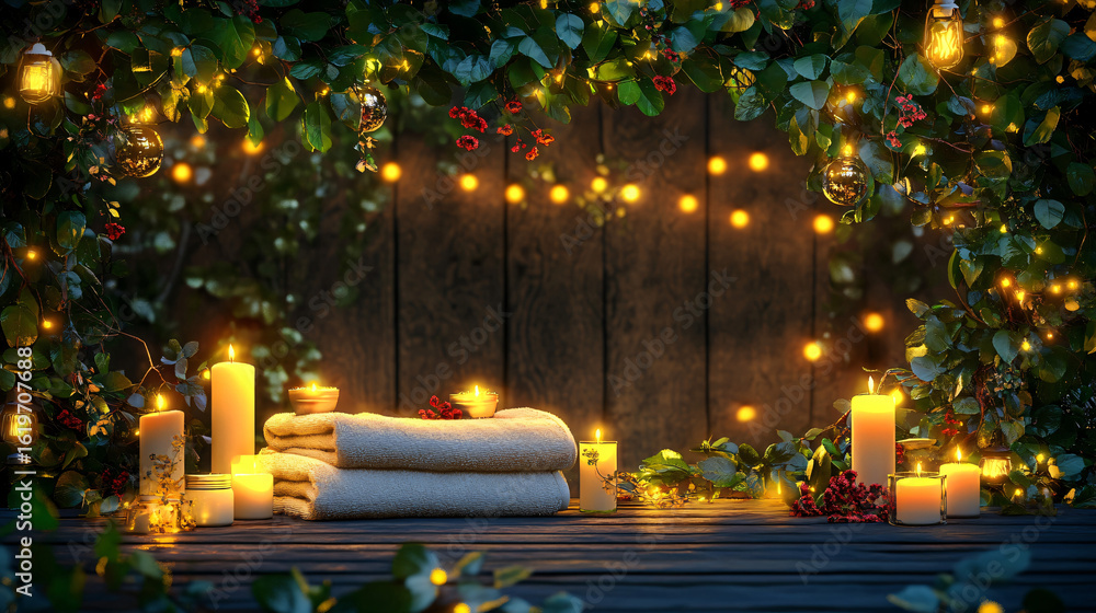 Poster Inviting spa setting with soft candles and plush towels creating a calming atmosphere