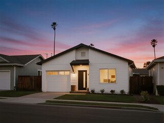A professional photograph of a small, single-story modern home with white Hardie board and black windows, front view. In the background, there is an empty street at dus