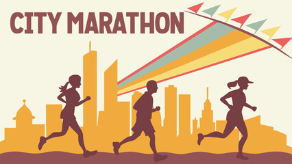 Retro-styled illustration of three runners silhouetted against a vibrant city skyline during a marathon, conveying energy, determination, and urban athleticism.
