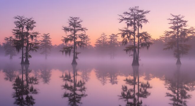 Misty cypress trees reflected in calm water at sunrise - Powered by Adobe