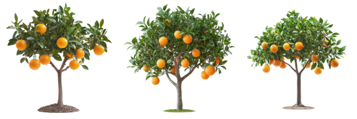 Set of small orange trees isolated on transparent background PNG