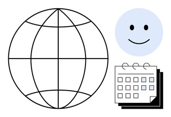 Globe outline symbolizes global reach, happy face conveys positivity, calendar signifies organization. Ideal for teamwork, planning, worldwide communication, optimism, time management, goal setting