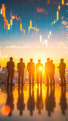Photography group of silhouette businesspeople standing looking market trade graph background.