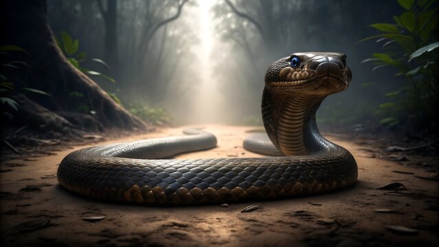 A dangerous black mamba snake with scales and a forked tongue emerges from the wild forest grass