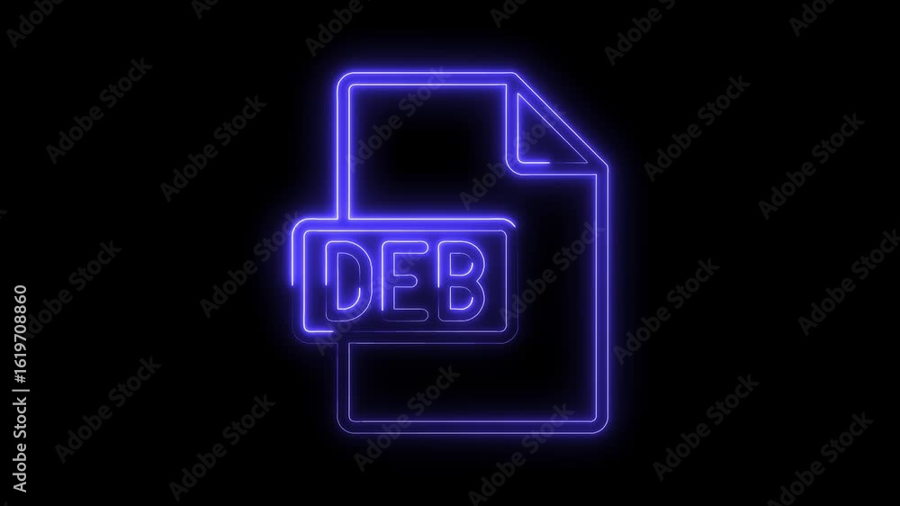 Poster glowing blue neon d e b file icon with rounded corners and subtle glow effect isolated on a black