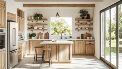 Bright, airy kitchen with light wood cabinetry, showcasing open shelving and a view of the outdoors