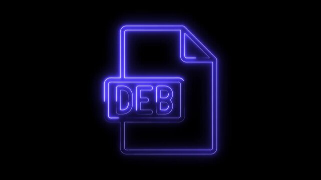 Glowing blue neon D E B file icon with rounded corners and subtle glow effect isolated on a black