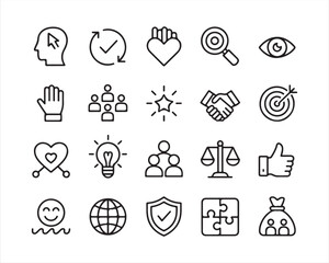 Outline Business Values Icon Set – Ethics, Teamwork, Vision, Leadership Symbols
