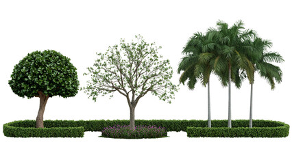 Fototapeta premium Three Distinct Trees and Shrubbery with Flowerbeds