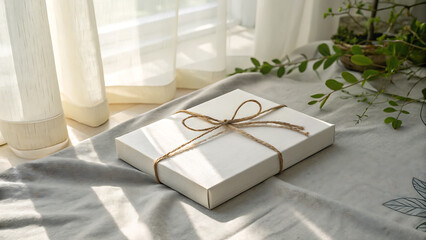 A beautifully wrapped white gift box tied with twine sits bathed in soft sunlight near sheer curtains