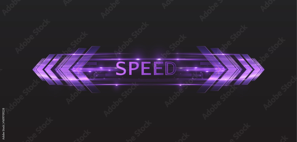Poster vector image with glowing purple arrows and dynamic motion lines on a dark background. light effect 