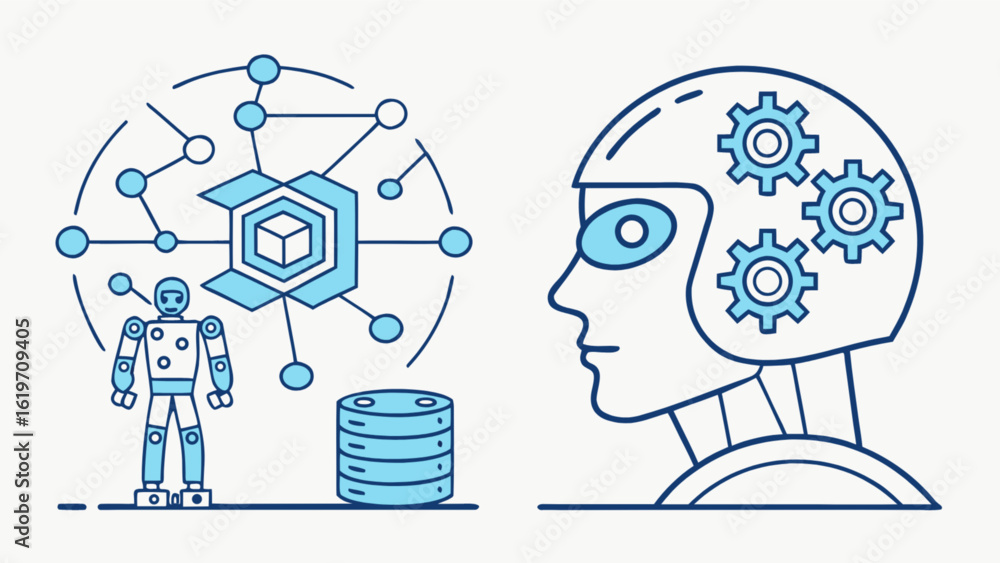 Poster illustration of a robot and a robot head with gears, representing artificial intelligence and automa