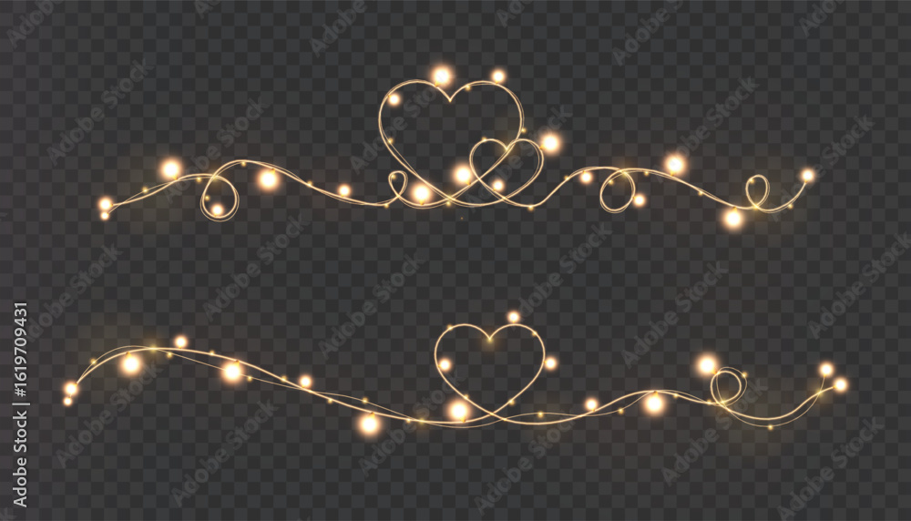 Poster vector image of garlands in the shape of hearts and glowing curls on a transparent dark background. 