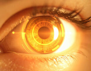 Close up human eye with hologram data.
